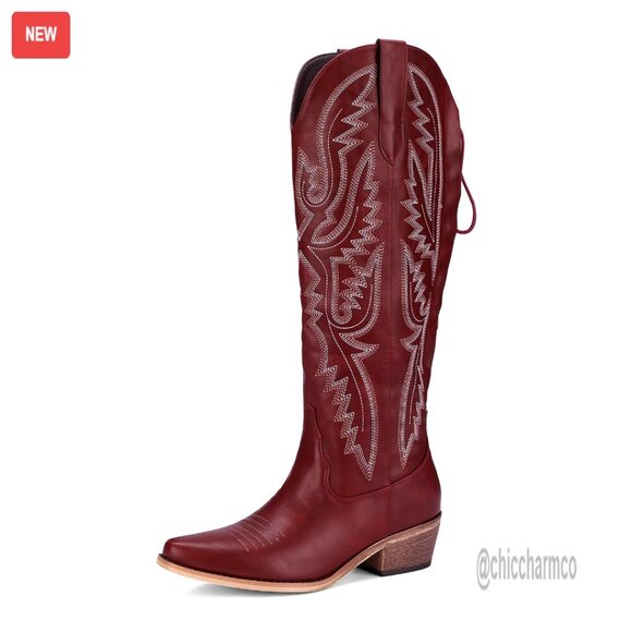 Shoes - Lace Up Cowboy Boots Wide Calf Chunky Heel Pointed Toe Western Shoes